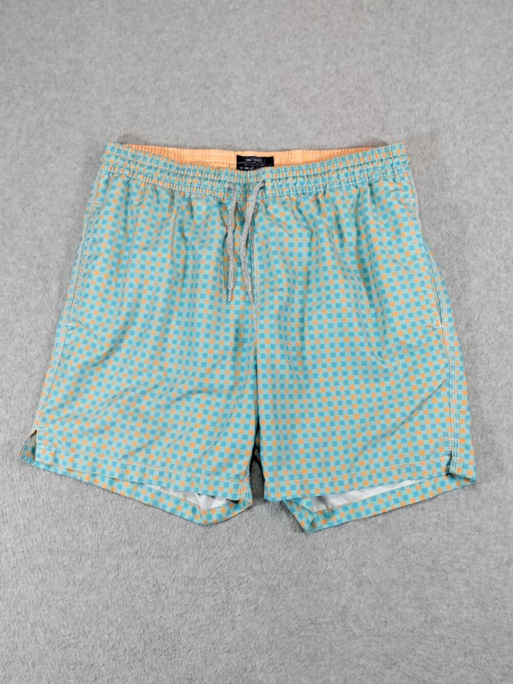 Michaels Mens L 5.5in Inseam Swim Trunks Aqua Orange Check Board Shorts